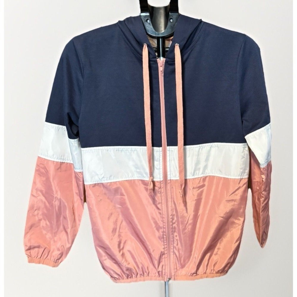 Kaii Womens M Hooded Windbreaker Color Block Pink/White/Blue Full Zip Gorpcore